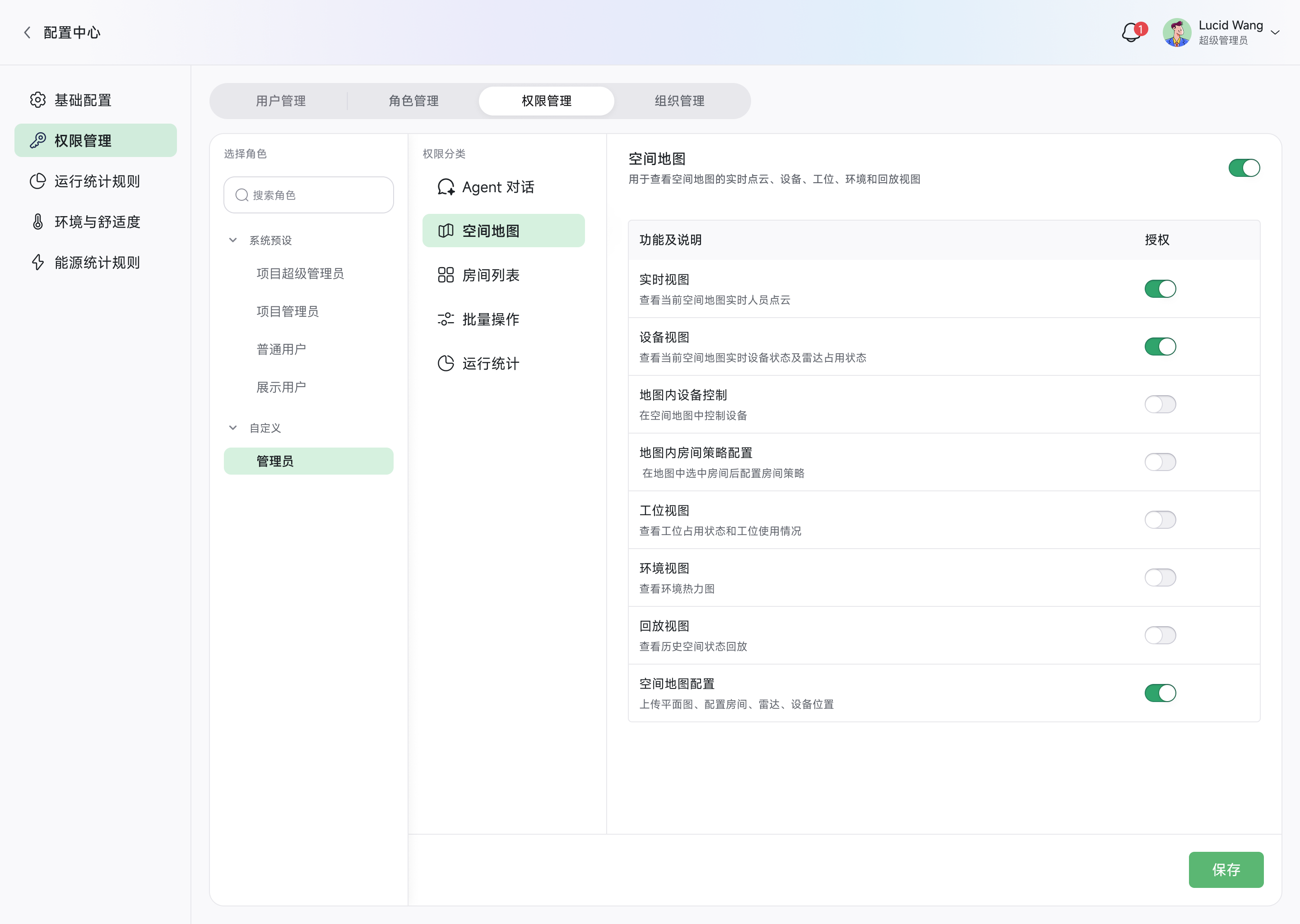 配置中心的权限管理页:左侧在系统预设与自定义角色中选择「管理员」,中间按权限分类切换,右侧为「空间地图」分类下逐项授权的功能开关列表
